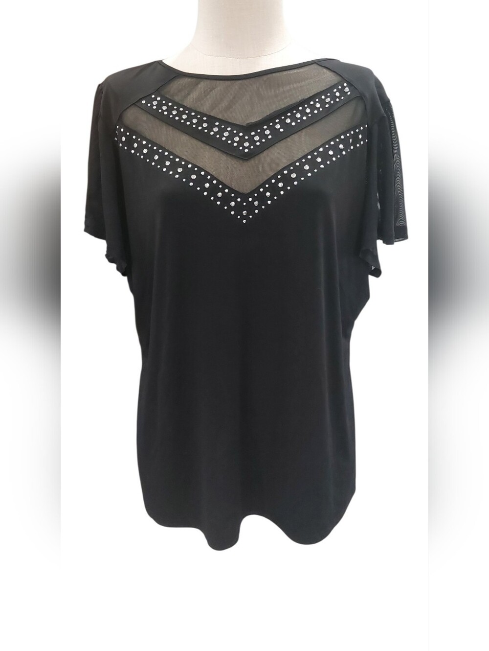 NY Collection Black Mesh Yoke Top with Silver Studs